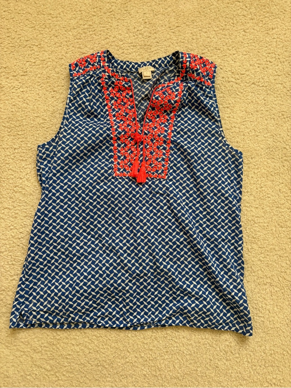J. Crew blue white hobo peasant coastal boho sleeveless tank coral tassels sz 2